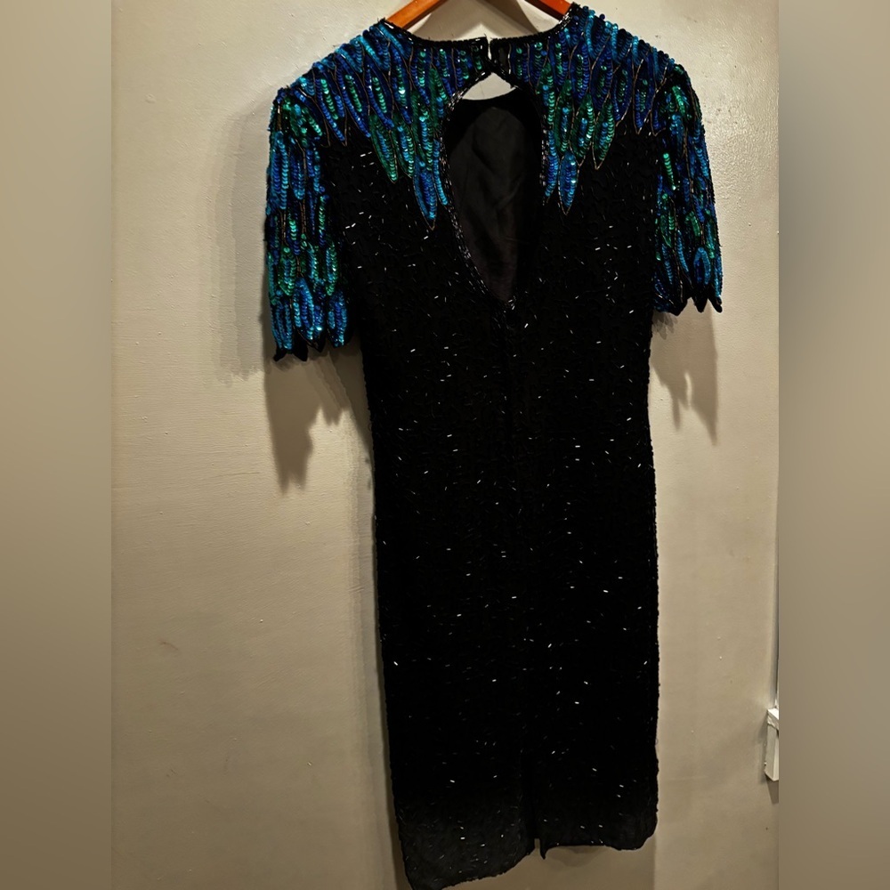 Vintage 100% silk beaded Elegant Black and Blue Sequin Dress stenay size 8 - Picture 7 of 16